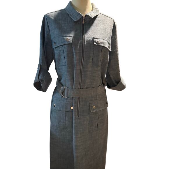 Sharagano Belted Utility Zip Front Shirt Dress, Slate Blue Chambray, Size 14 - Picture 1 of 11